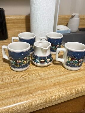 Oneida Winter Village Ceramic Mug and Creamer Set - Blue